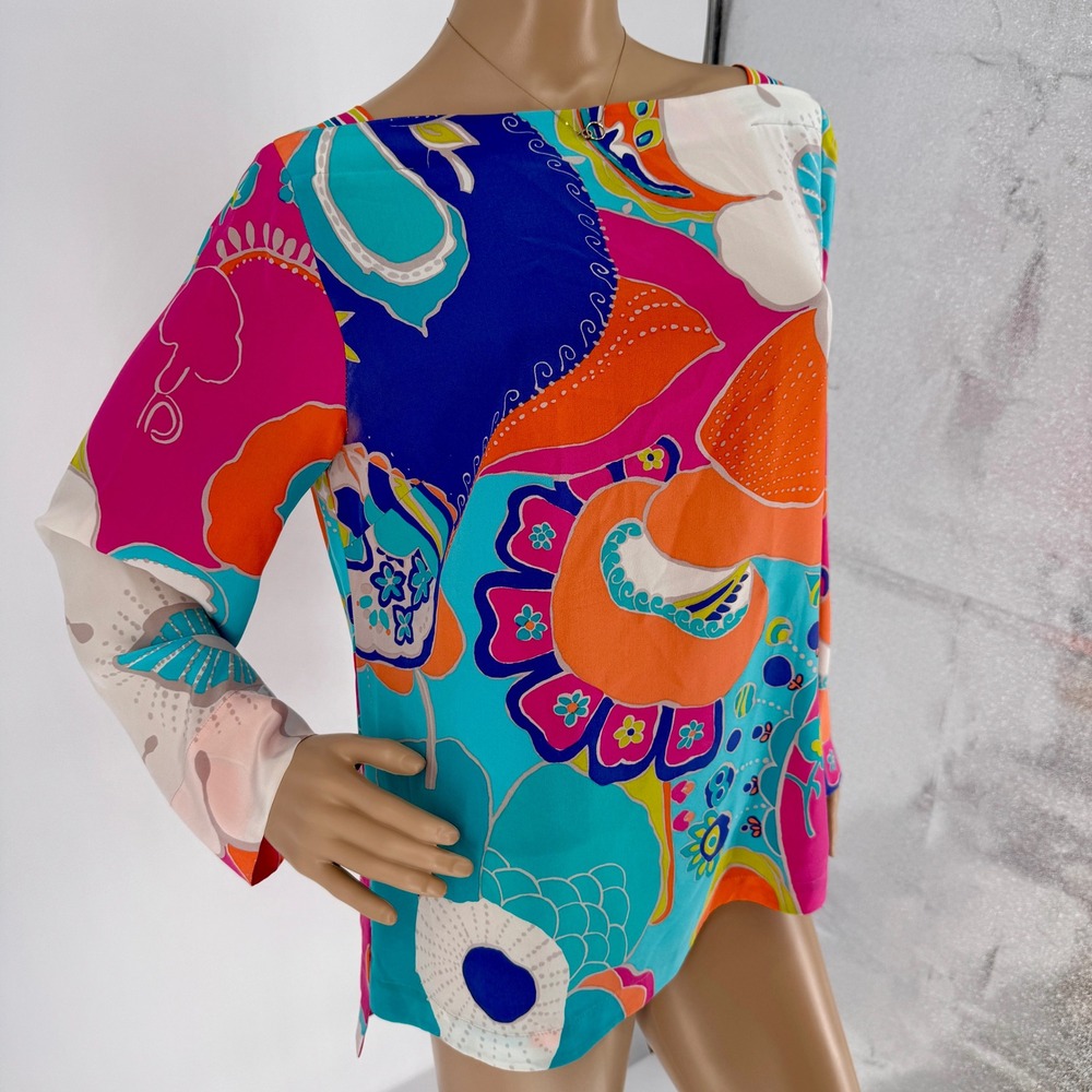 Trina Turk Silk Blouse Womens Medium Multicolored Floral Boat Neck Top - Picture 15 of 16